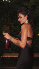 Pure Black Satin Midi Dress - Siyah